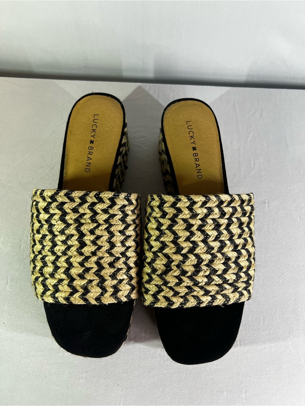 Lucky Brand Beffani Wedge Sandals Size 9 Black Cream Woven Jute Espadrille Boho - Picture 2 of 12
